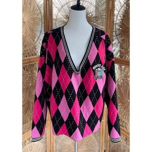 Hot Topic Monster High Pink Black Argyle Skimmer V-Neck Sweater